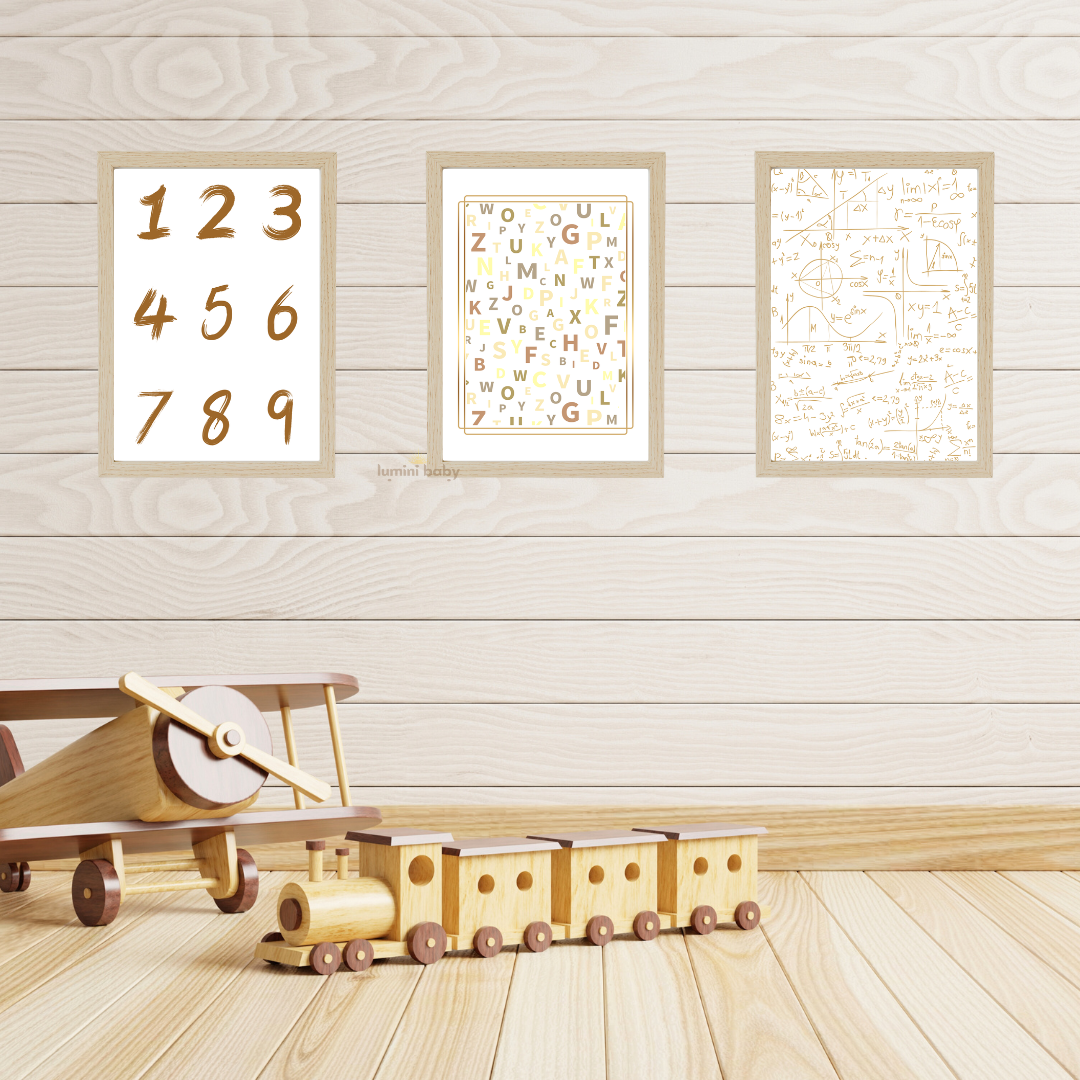 Natural Matematik Ahşap Çerçeveli 3'lü Set Çocuk Odası Dekoru