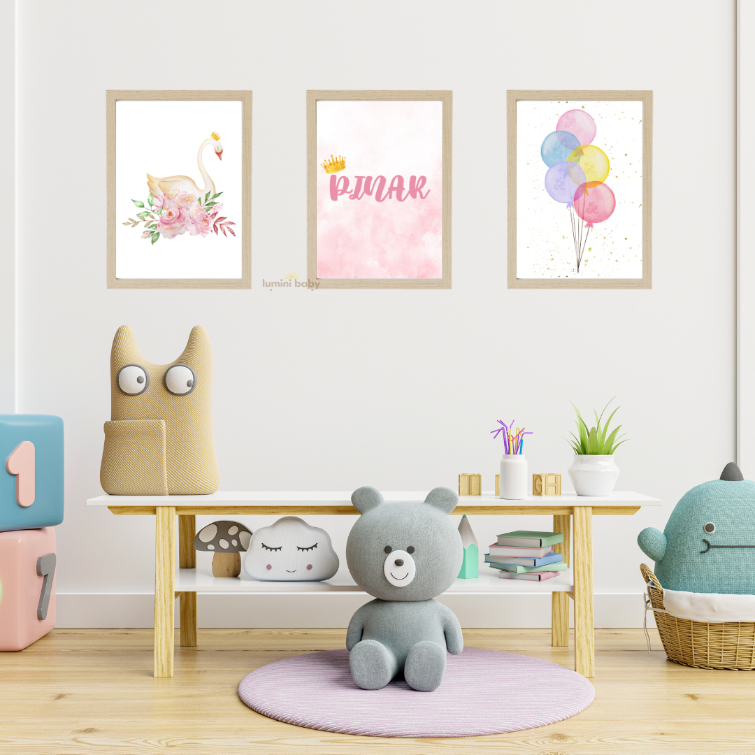 İsimli Taçlı Ahşap Çerçeveli 3'lü Set Çocuk Odası Dekoru