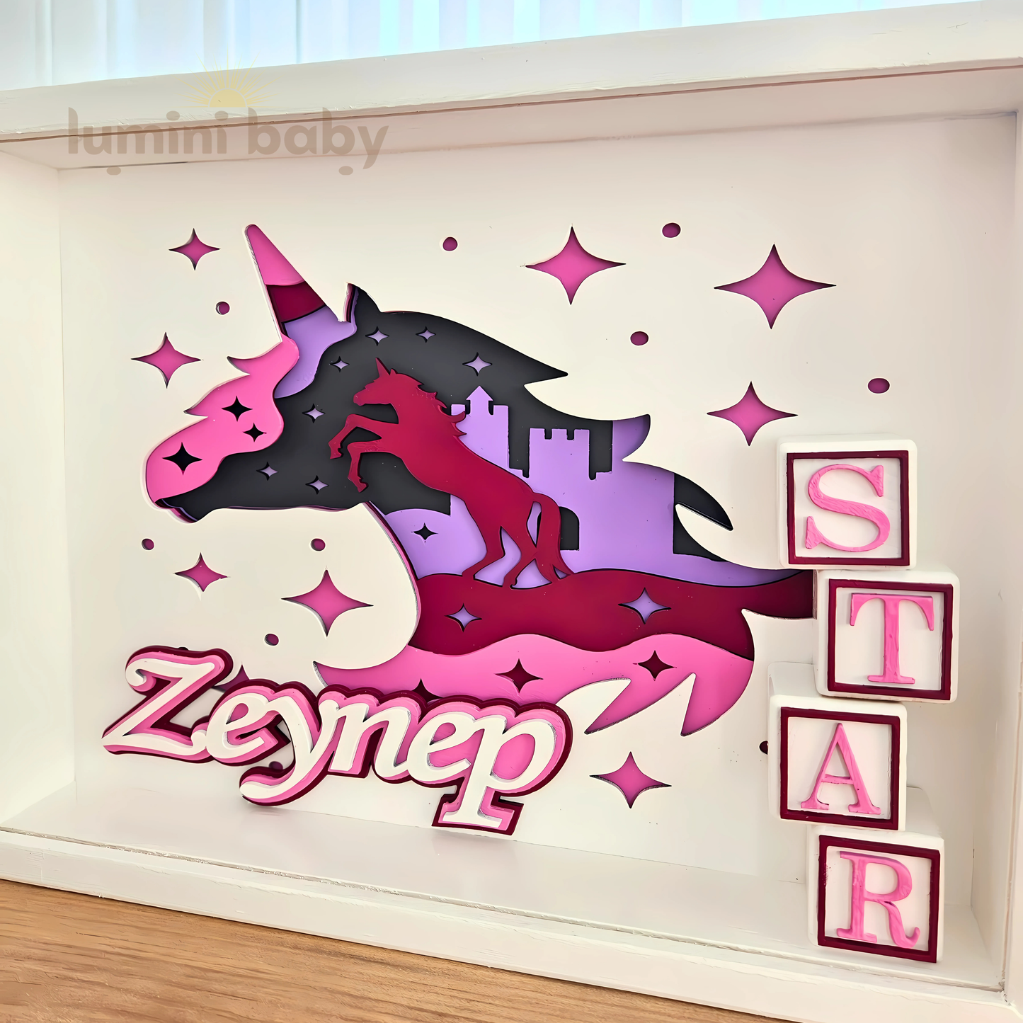 Katmanlı Unicorn Temalı 3D Ahşap Dekor