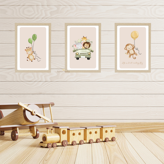Natural Ahşap Çerçeveli 3'lü Set Çocuk Odası Dekoru