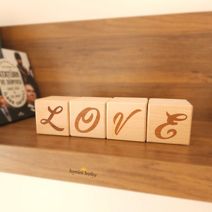Lazer Yazılı Ahşap Küp (Dekoratif Obje) LOVE
