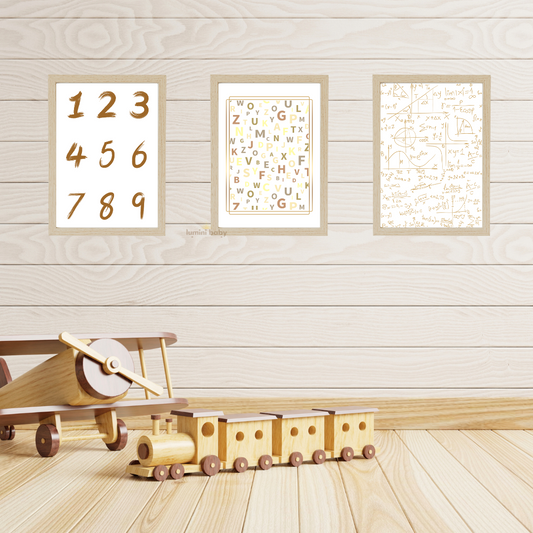 Natural Matematik Ahşap Çerçeveli 3'lü Set Çocuk Odası Dekoru