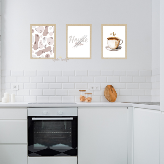House Coffee 3'lü set Ahşap Çerçeveli Mutfak Tablosu