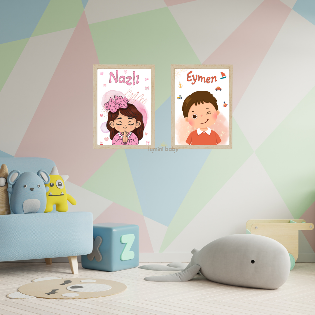 Sevimli İsimli Ahşap Çerçeveli 2'li Set Çocuk Odası Dekoru
