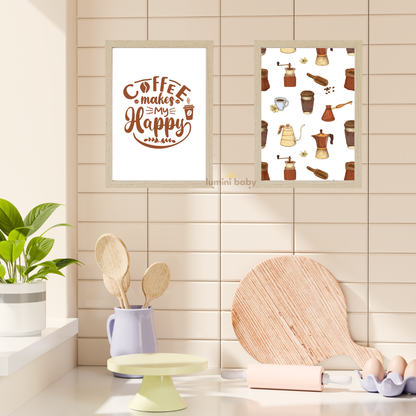 Coffee Happy 2'li set Ahşap Çerçeveli Mutfak Tablosu
