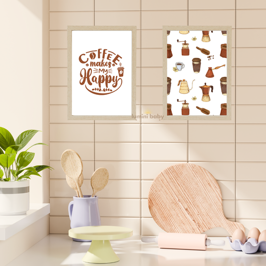 Coffee Happy 2'li set Ahşap Çerçeveli Mutfak Tablosu