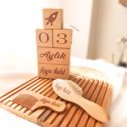 Ahşap Anı Küpü ve Tutmalı 2'li Tarak Set (Kişiye Özel)