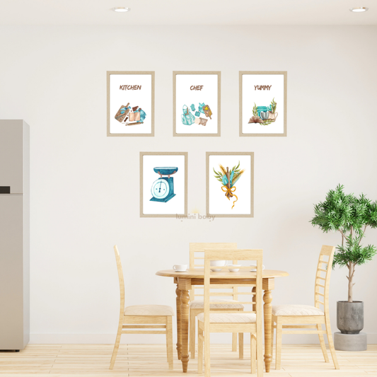 Kitchen Chef 5'li set Ahşap Çerçeveli Mutfak Tablosu