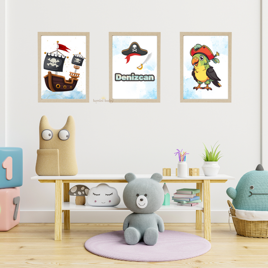 Korsan Ahşap Çerçeveli 3'lü Set Çocuk Odası Dekoru