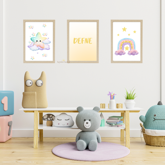 Gökkuşağı ve Yıldızlar Çerçeveli 3'lü Set Çocuk Odası Dekoru