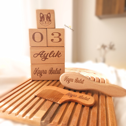 Ahşap Anı Küpü ve Tutmalı 2'li Tarak Set (Kişiye Özel)