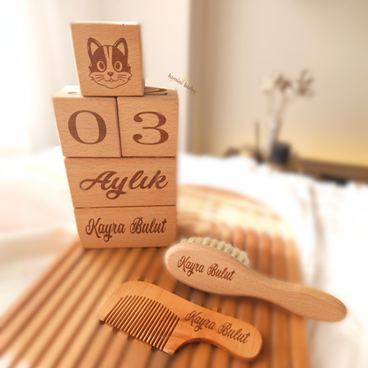 Ahşap Anı Küpü ve Tutmalı 2'li Tarak Set (Kişiye Özel)