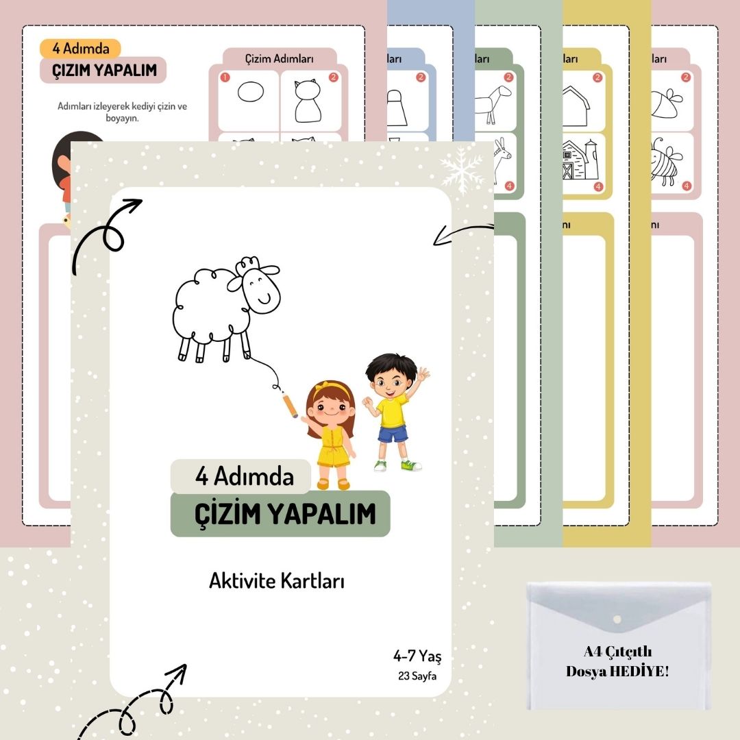 Çocuklar İçin 4 Aşamada Çizim Yapalım Kartları (4-7 Yaş)