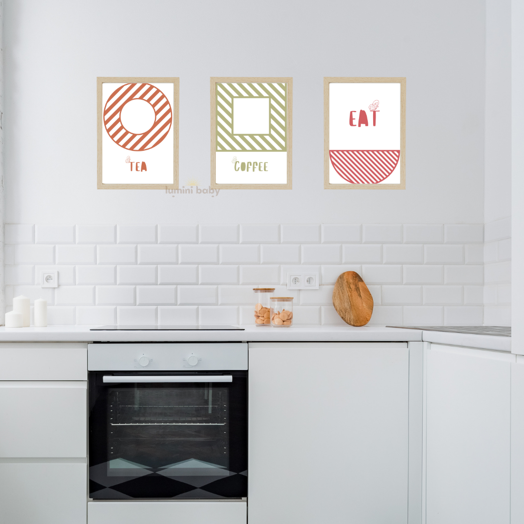 Geometrik 3'lü set Ahşap Çerçeveli Mutfak Tablosu