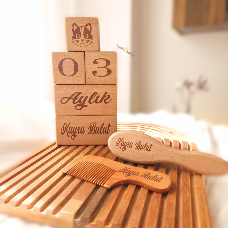 Ahşap Anı Küpü ve Tutmalı 2'li Tarak Set (Kişiye Özel)